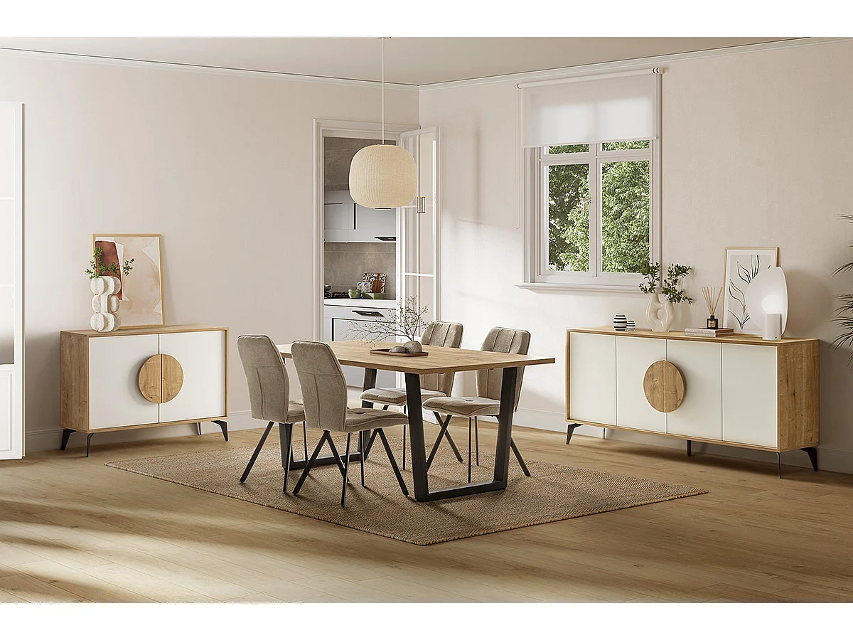 Table à manger, table de repas rectangulaire aspect bois coloris naturel, pieds en métal noir - Longueur 180 x Profondeur 100 x Hauteur 75 cm