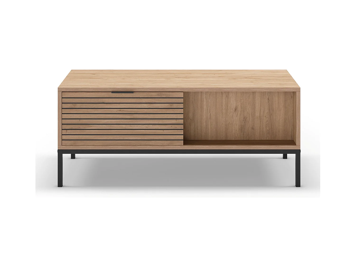 Table basse, table de salon aspect bois avec 2 tiroirs coloris naturel, pieds en métal coloris noir - Longueur 110 x Profondeur 55 x Hauteur 45 cm