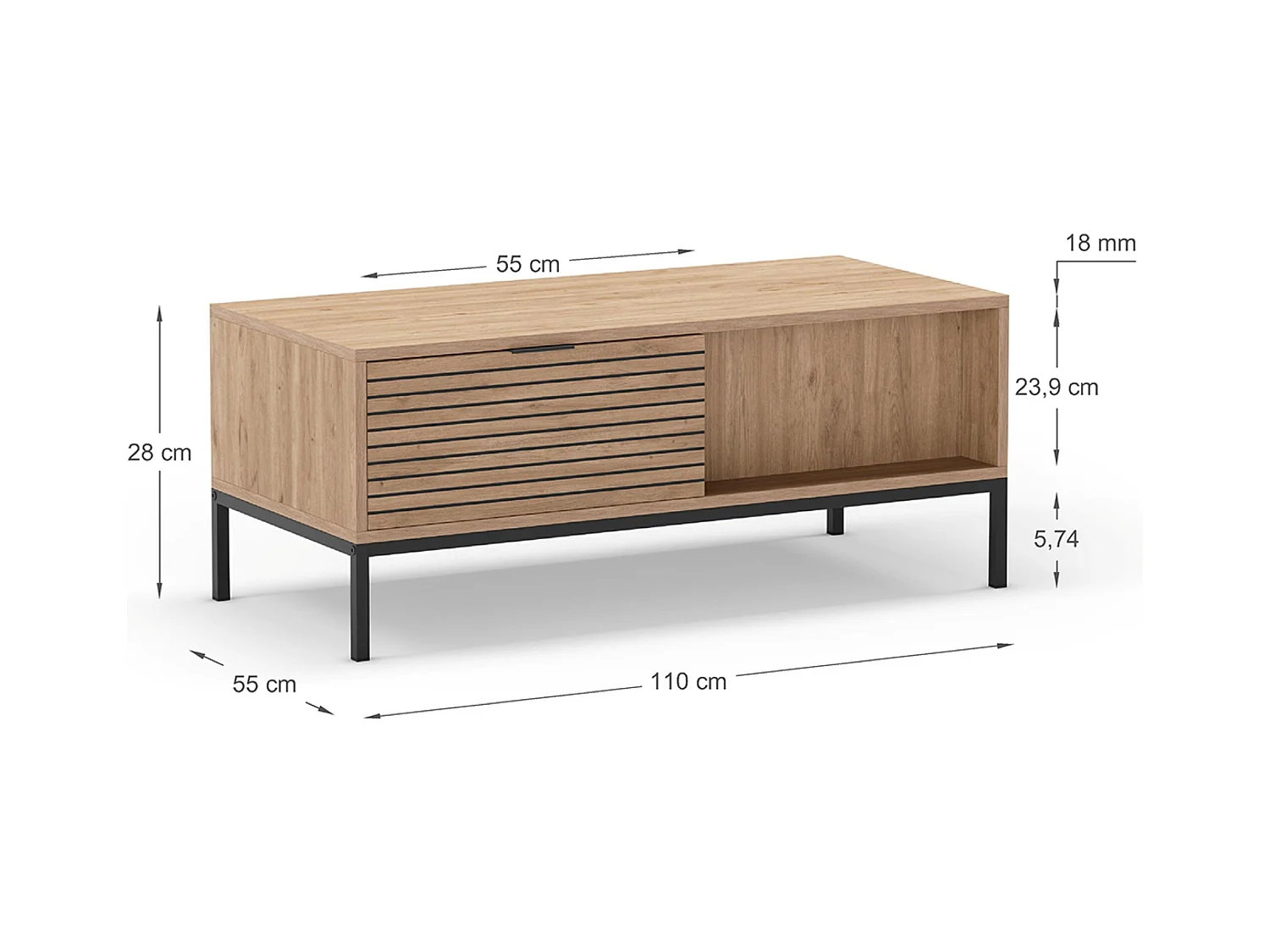 Table basse, table de salon aspect bois avec 2 tiroirs coloris naturel, pieds en métal coloris noir - Longueur 110 x Profondeur 55 x Hauteur 45 cm
