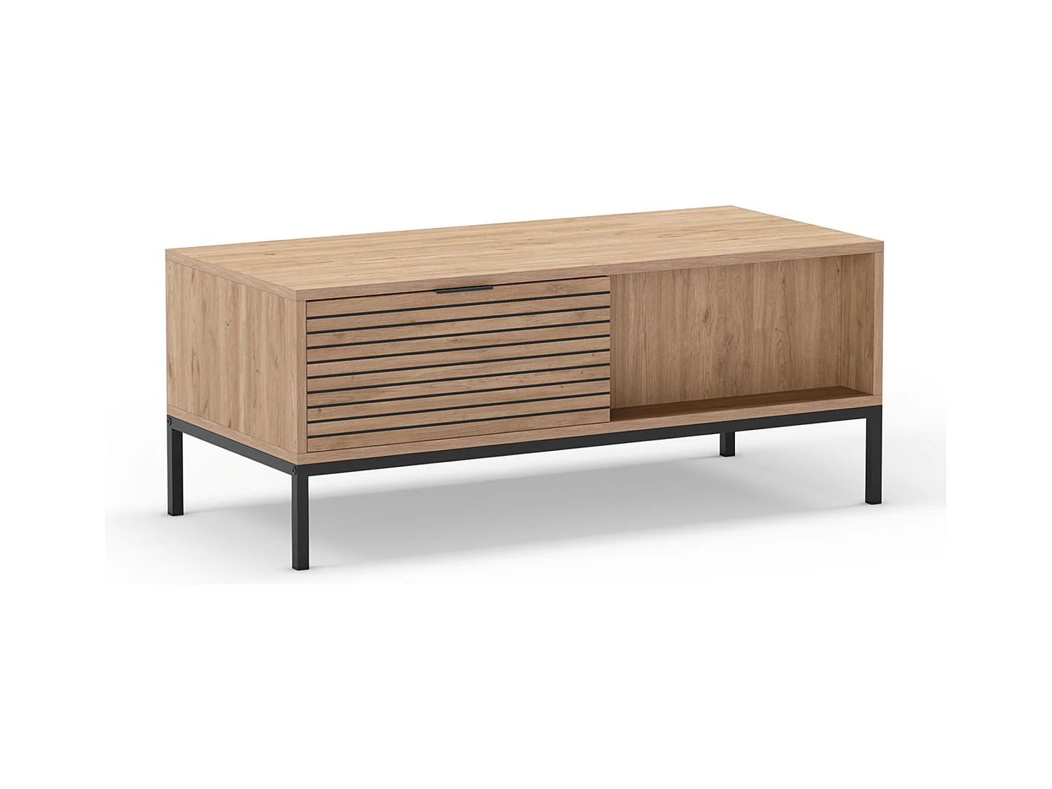 Table basse, table de salon aspect bois avec 2 tiroirs coloris naturel, pieds en métal coloris noir - Longueur 110 x Profondeur 55 x Hauteur 45 cm