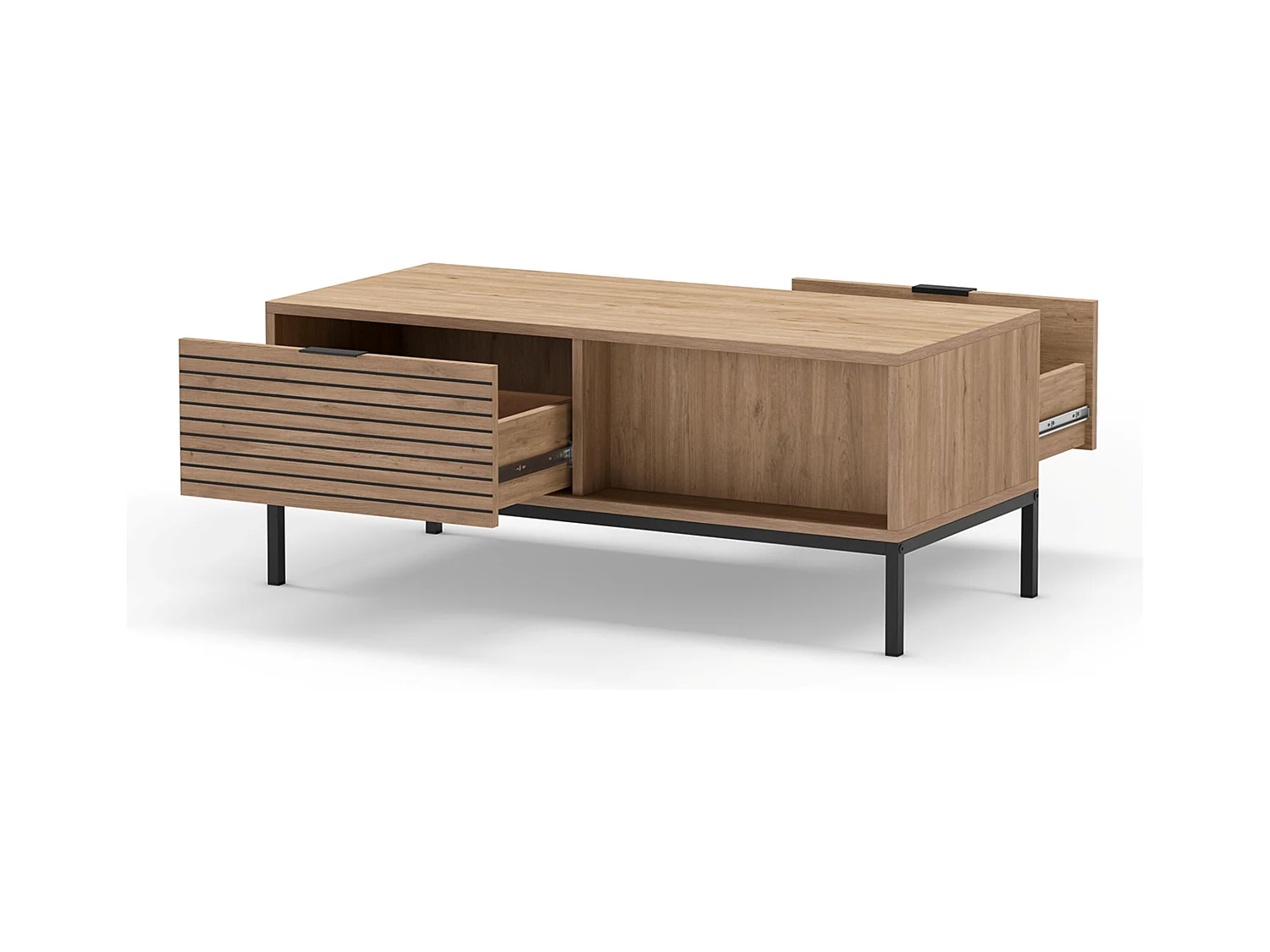 Table basse, table de salon aspect bois avec 2 tiroirs coloris naturel, pieds en métal coloris noir - Longueur 110 x Profondeur 55 x Hauteur 45 cm