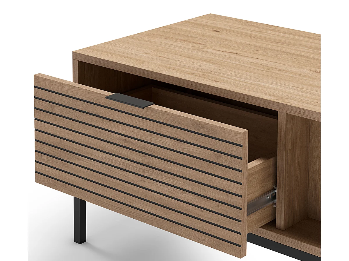 Table basse, table de salon aspect bois avec 2 tiroirs coloris naturel, pieds en métal coloris noir - Longueur 110 x Profondeur 55 x Hauteur 45 cm