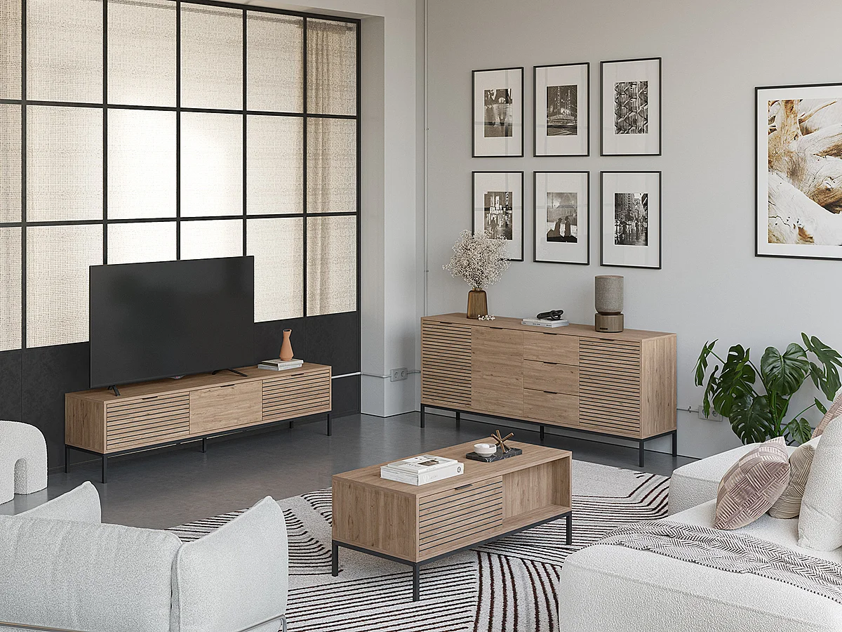 Table basse, table de salon aspect bois avec 2 tiroirs coloris naturel, pieds en métal coloris noir - Longueur 110 x Profondeur 55 x Hauteur 45 cm