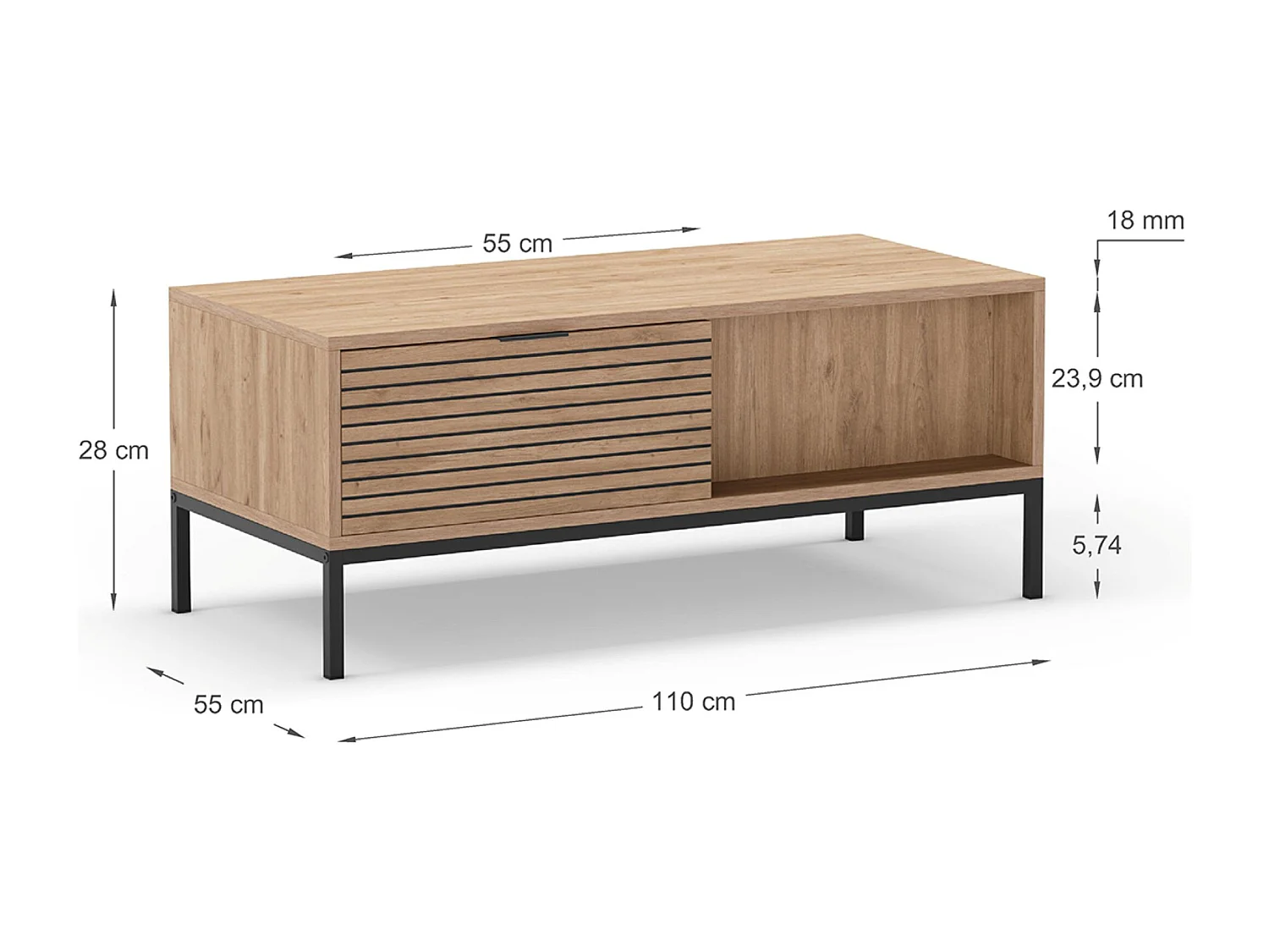 Table basse, table de salon aspect bois avec 2 tiroirs coloris naturel, pieds en métal coloris noir - Longueur 110 x Profondeur 55 x Hauteur 45 cm