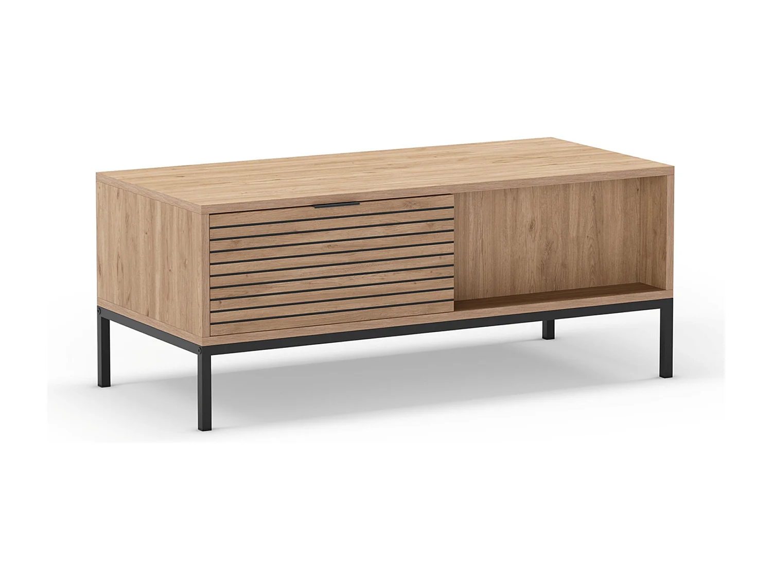 Table basse, table de salon aspect bois avec 2 tiroirs coloris naturel, pieds en métal coloris noir - Longueur 110 x Profondeur 55 x Hauteur 45 cm