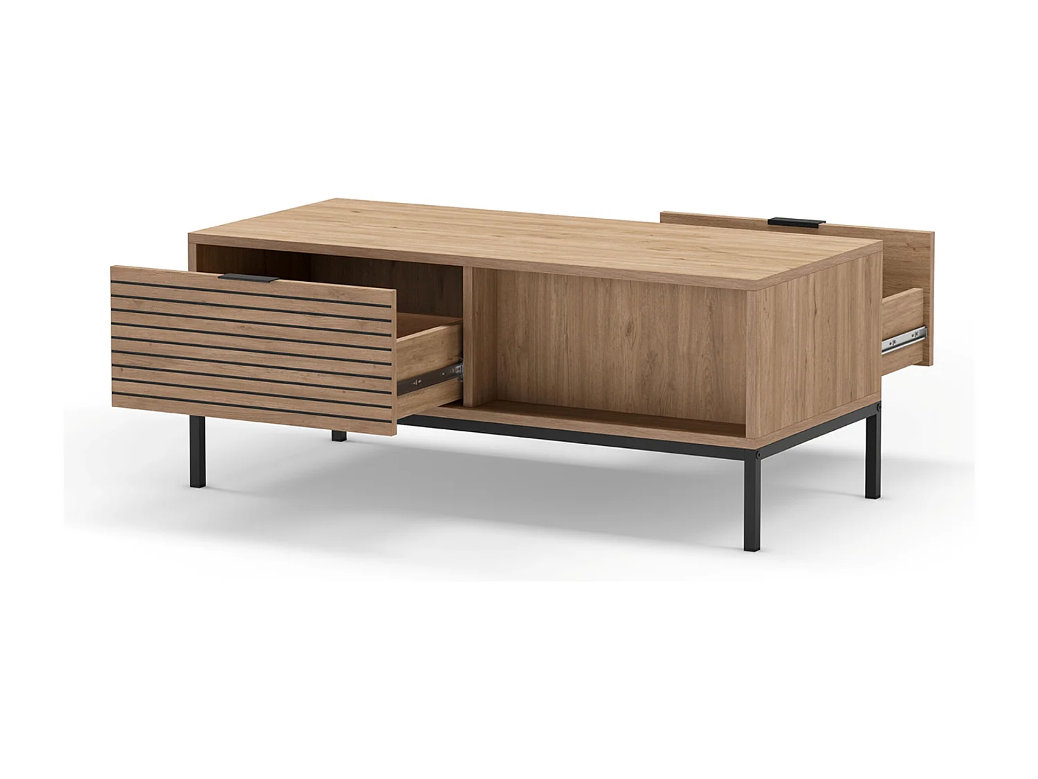 Table basse, table de salon aspect bois avec 2 tiroirs coloris naturel, pieds en métal coloris noir - Longueur 110 x Profondeur 55 x Hauteur 45 cm