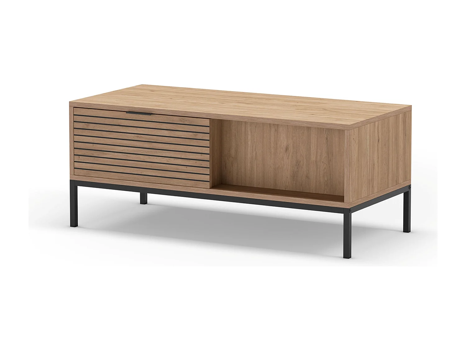 Table basse, table de salon aspect bois avec 2 tiroirs coloris naturel, pieds en métal coloris noir - Longueur 110 x Profondeur 55 x Hauteur 45 cm