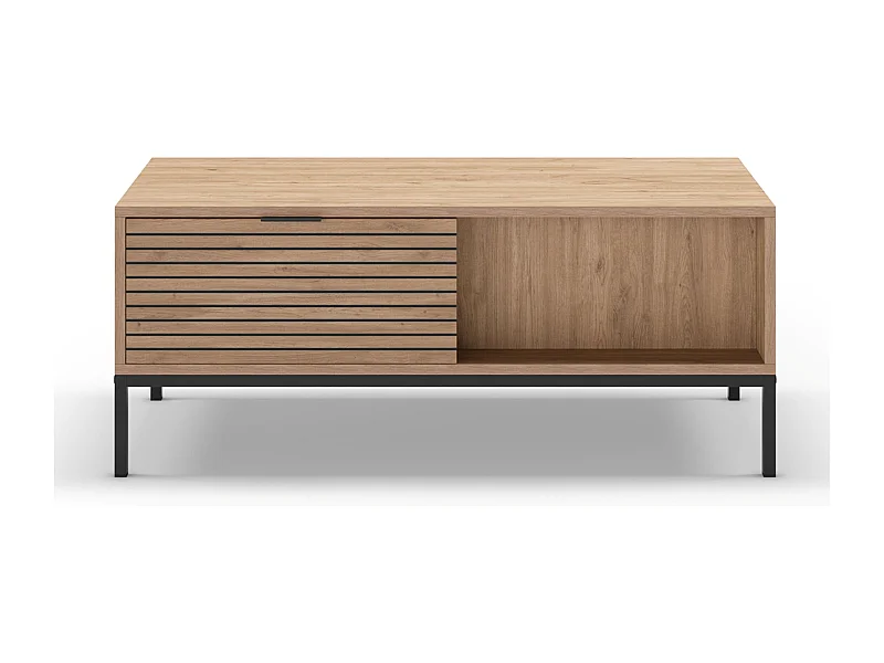 Table basse, table de salon aspect bois avec 2 tiroirs coloris naturel, pieds en métal coloris noir - Longueur 110 x Profondeur 55 x Hauteur 45 cm