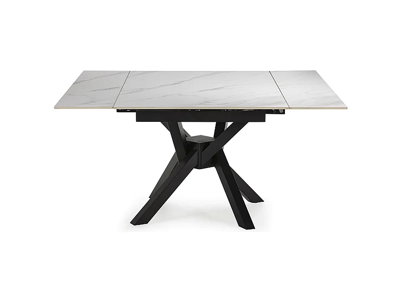 Table à manger, table de repas extensible carrée en Pierre frittée coloris blanc, pieds en métal noir  - Longueur 150 x Profondeur 90-150 x Hauteur 76 cm