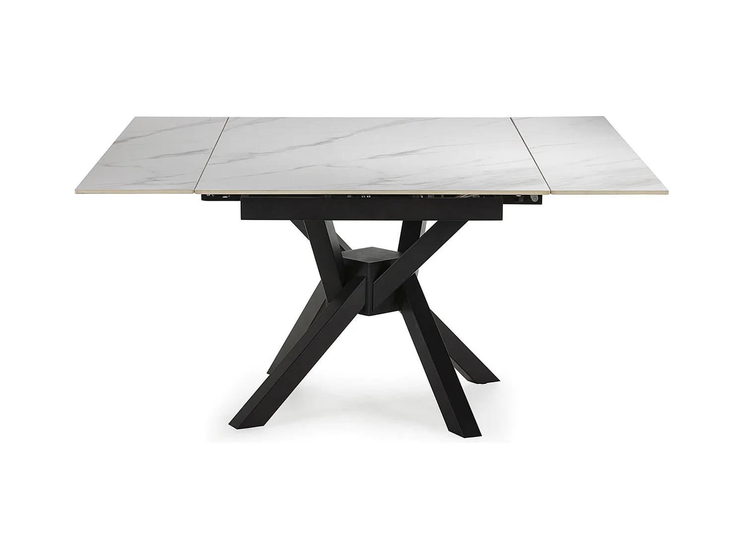 Table à manger, table de repas extensible carrée en Pierre frittée coloris blanc, pieds en métal noir  - Longueur 150 x Profondeur 90-150 x Hauteur 76 cm