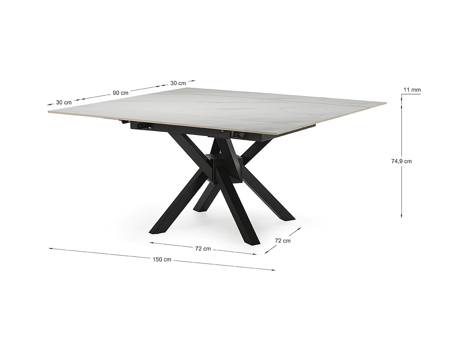 Table à manger, table de repas extensible carrée en Pierre frittée coloris blanc, pieds en métal noir  - Longueur 150 x Profondeur 90-150 x Hauteur 76 cm