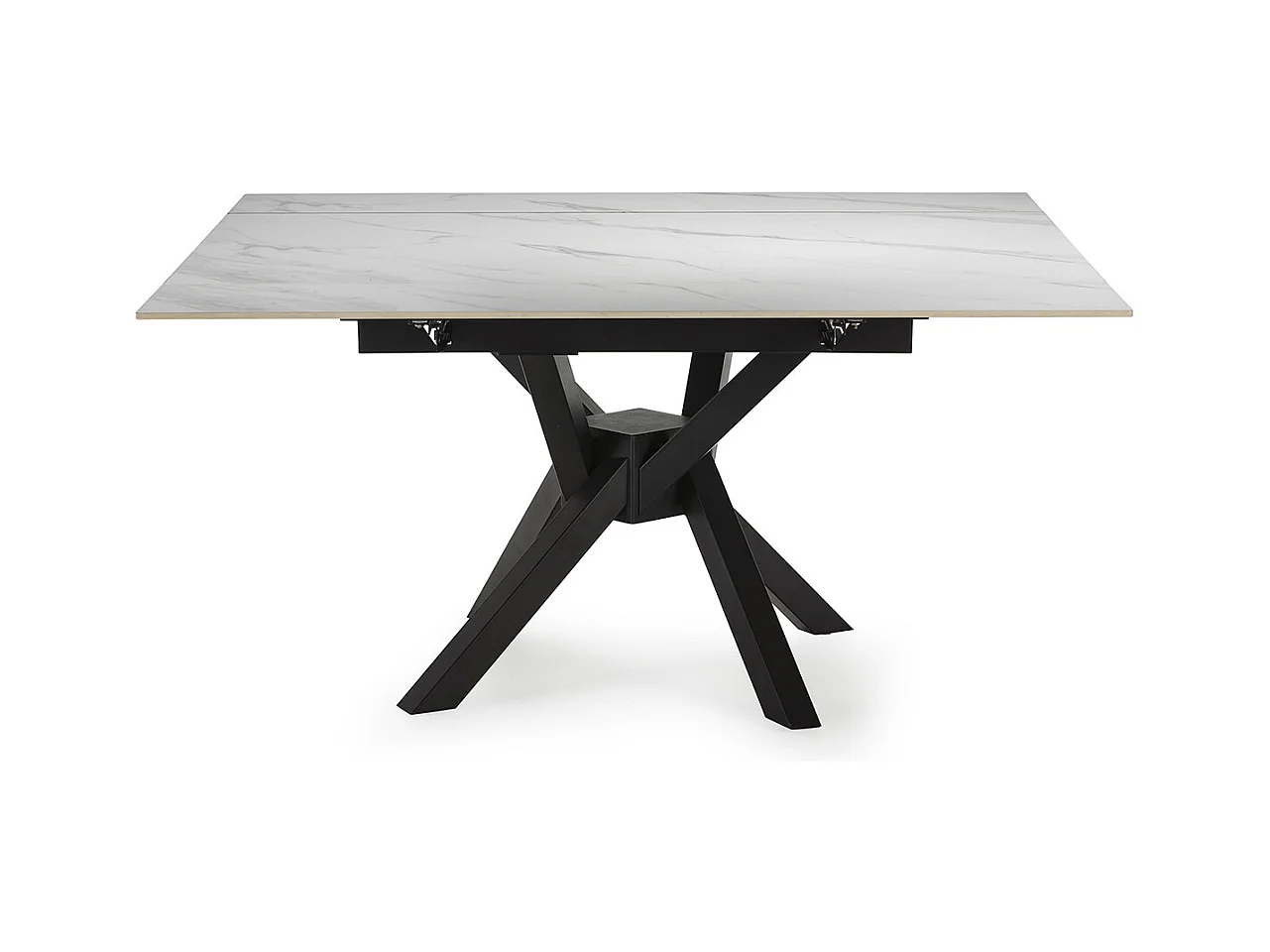 Table à manger, table de repas extensible carrée en Pierre frittée coloris blanc, pieds en métal noir  - Longueur 150 x Profondeur 90-150 x Hauteur 76 cm