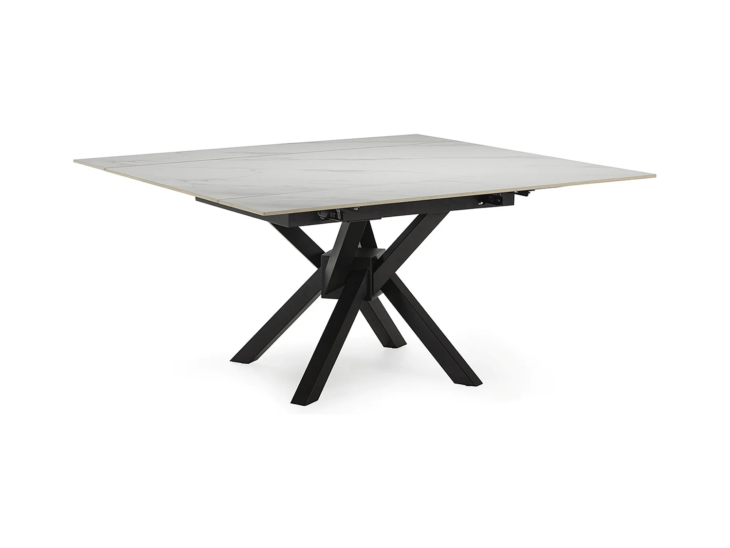 Table à manger, table de repas extensible carrée en Pierre frittée coloris blanc, pieds en métal noir  - Longueur 150 x Profondeur 90-150 x Hauteur 76 cm