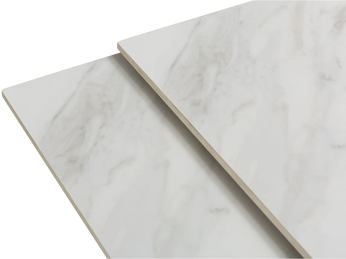 Table à manger, table de repas extensible carrée en Pierre frittée coloris blanc, pieds en métal noir  - Longueur 150 x Profondeur 90-150 x Hauteur 76 cm