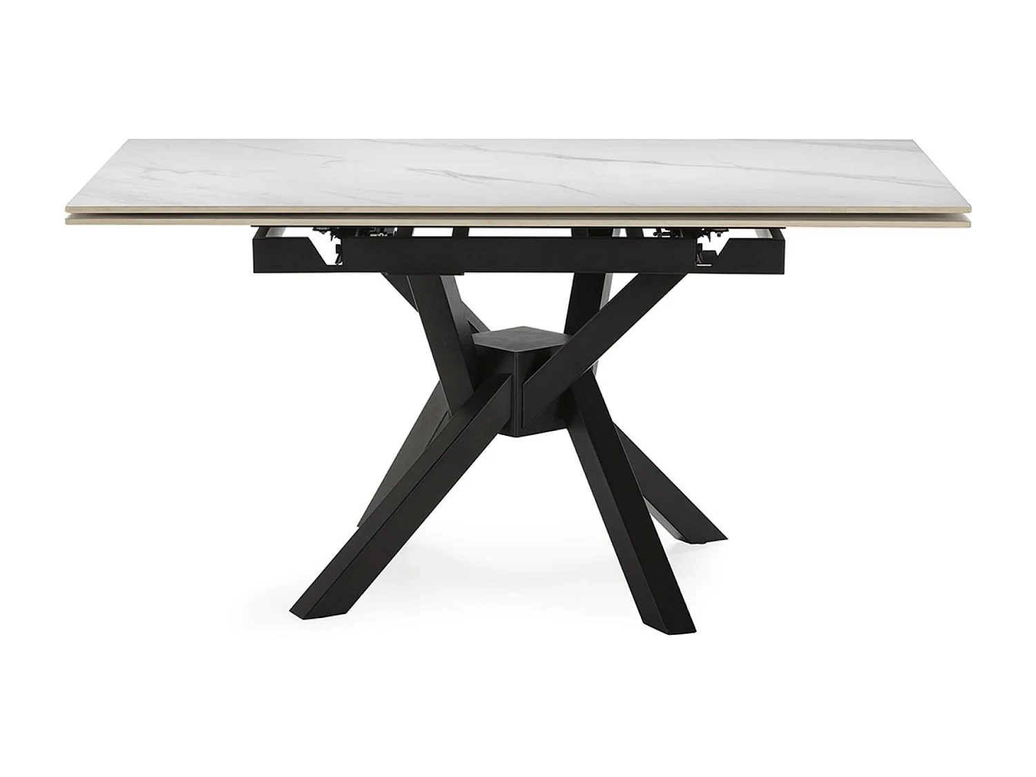 Table à manger, table de repas extensible carrée en Pierre frittée coloris blanc, pieds en métal noir  - Longueur 150 x Profondeur 90-150 x Hauteur 76 cm