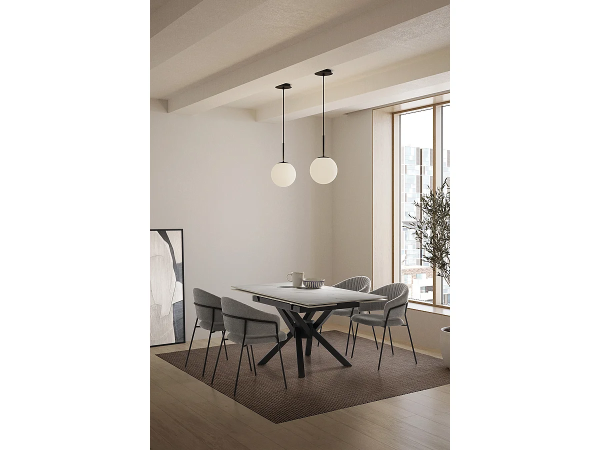 Table à manger, table de repas extensible carrée en Pierre frittée coloris blanc, pieds en métal noir  - Longueur 150 x Profondeur 90-150 x Hauteur 76 cm