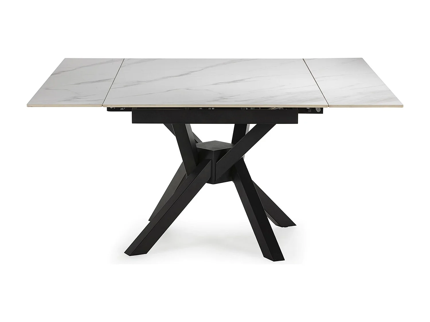 Table à manger, table de repas extensible carrée en Pierre frittée coloris blanc, pieds en métal noir  - Longueur 150 x Profondeur 90-150 x Hauteur 76 cm