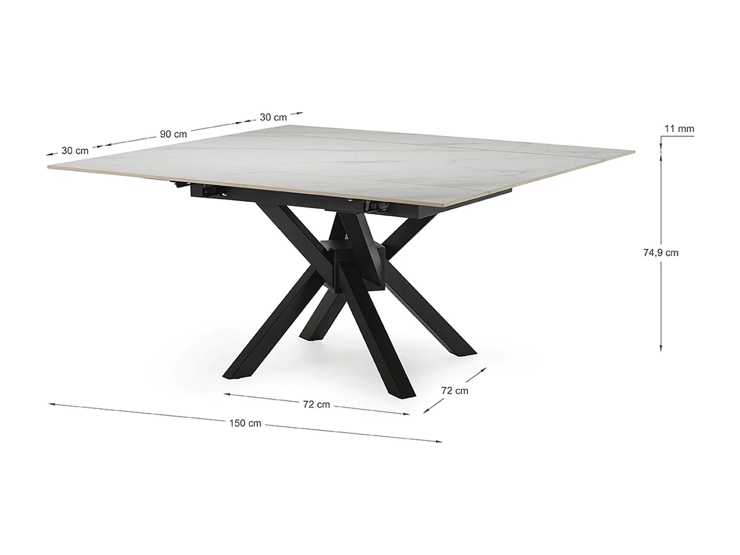 Table à manger, table de repas extensible carrée en Pierre frittée coloris blanc, pieds en métal noir  - Longueur 150 x Profondeur 90-150 x Hauteur 76 cm