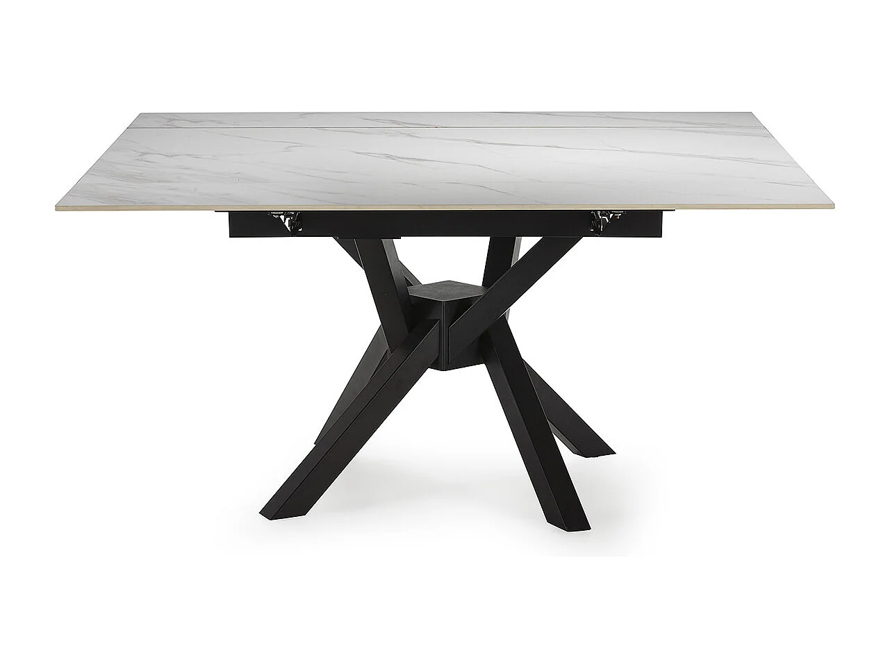 Table à manger, table de repas extensible carrée en Pierre frittée coloris blanc, pieds en métal noir  - Longueur 150 x Profondeur 90-150 x Hauteur 76 cm