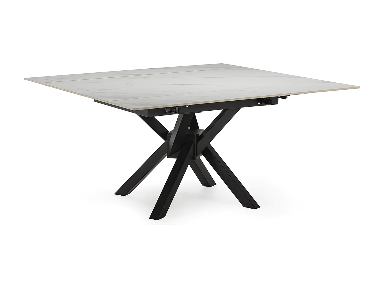 Table à manger, table de repas extensible carrée en Pierre frittée coloris blanc, pieds en métal noir  - Longueur 150 x Profondeur 90-150 x Hauteur 76 cm