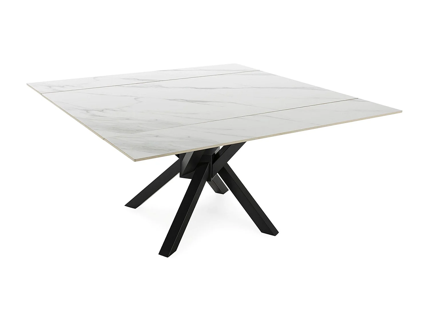 Table à manger, table de repas extensible carrée en Pierre frittée coloris blanc, pieds en métal noir  - Longueur 150 x Profondeur 90-150 x Hauteur 76 cm