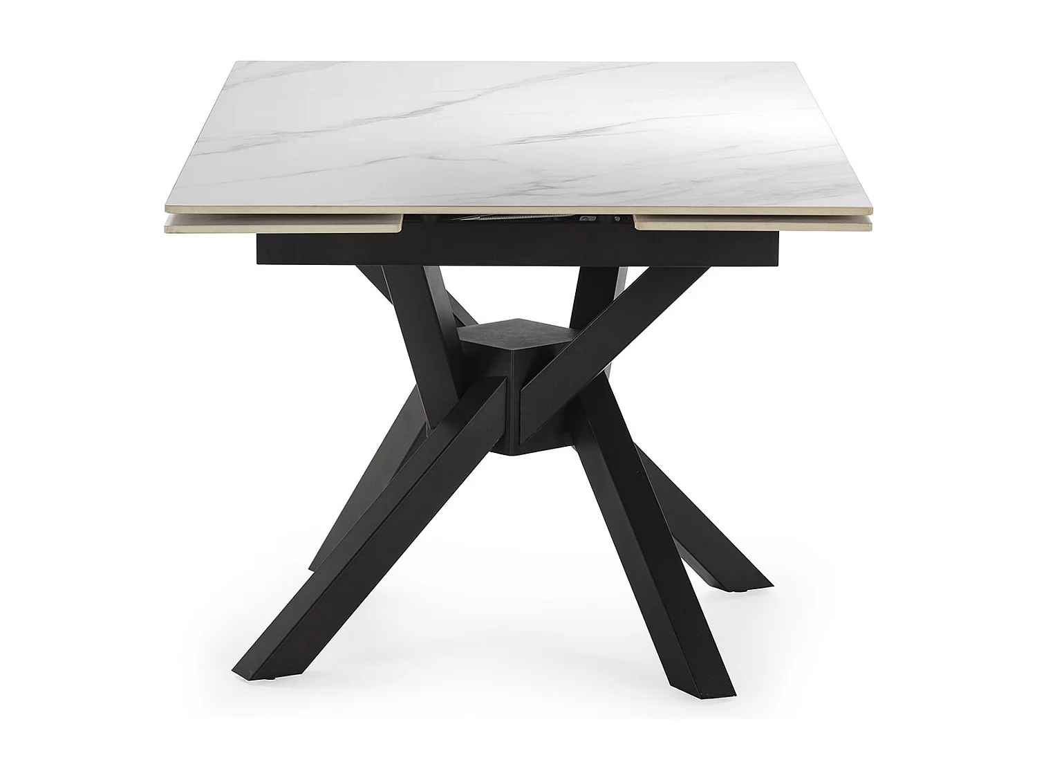 Table à manger, table de repas extensible carrée en Pierre frittée coloris blanc, pieds en métal noir  - Longueur 150 x Profondeur 90-150 x Hauteur 76 cm