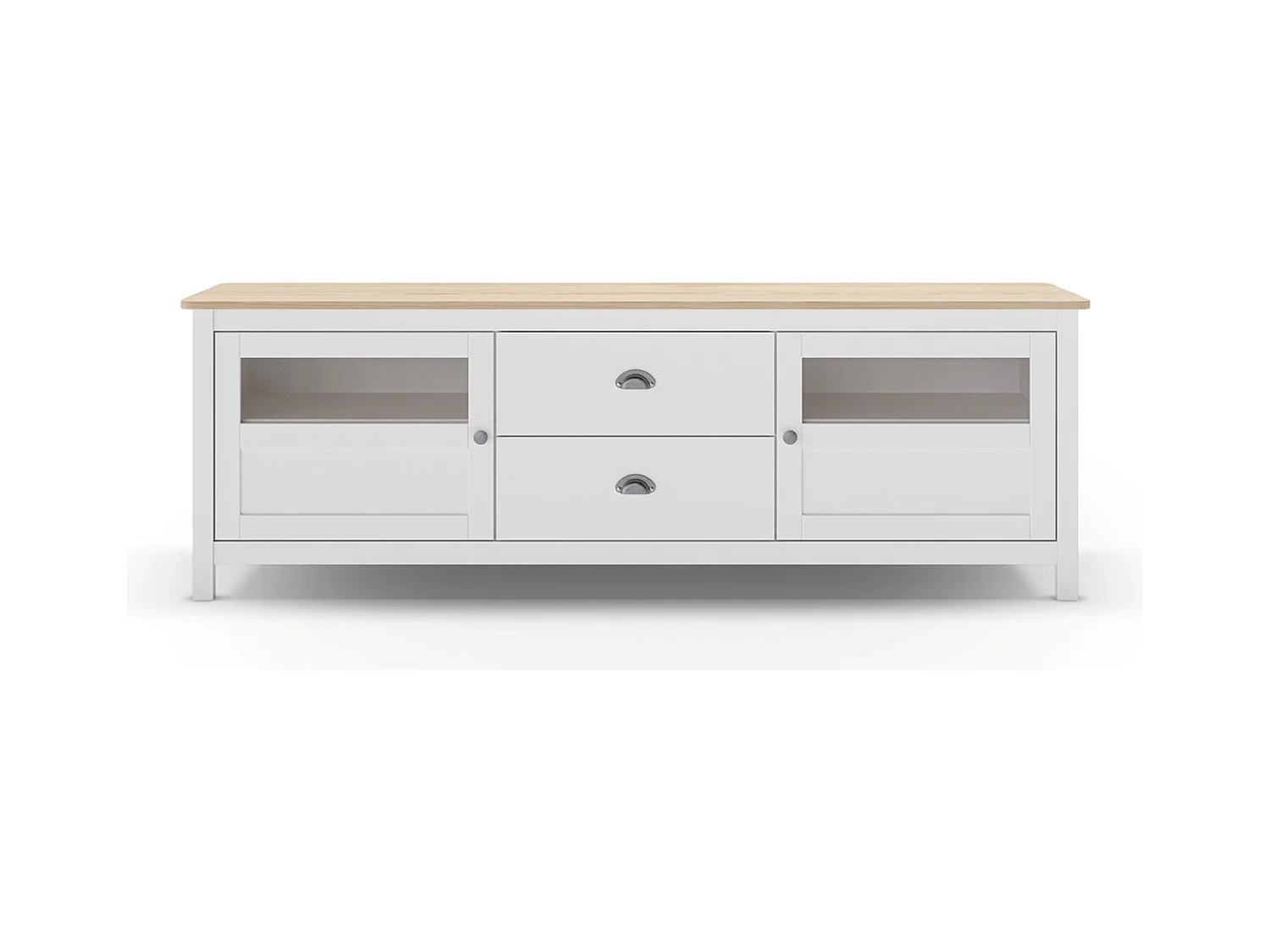 Buffet, commode de rangement avec 2 tiroirs et 2 portes en pin coloris blanc, chêne - Longueur 180 x Profondeur 40 x Hauteur 59,30 cm