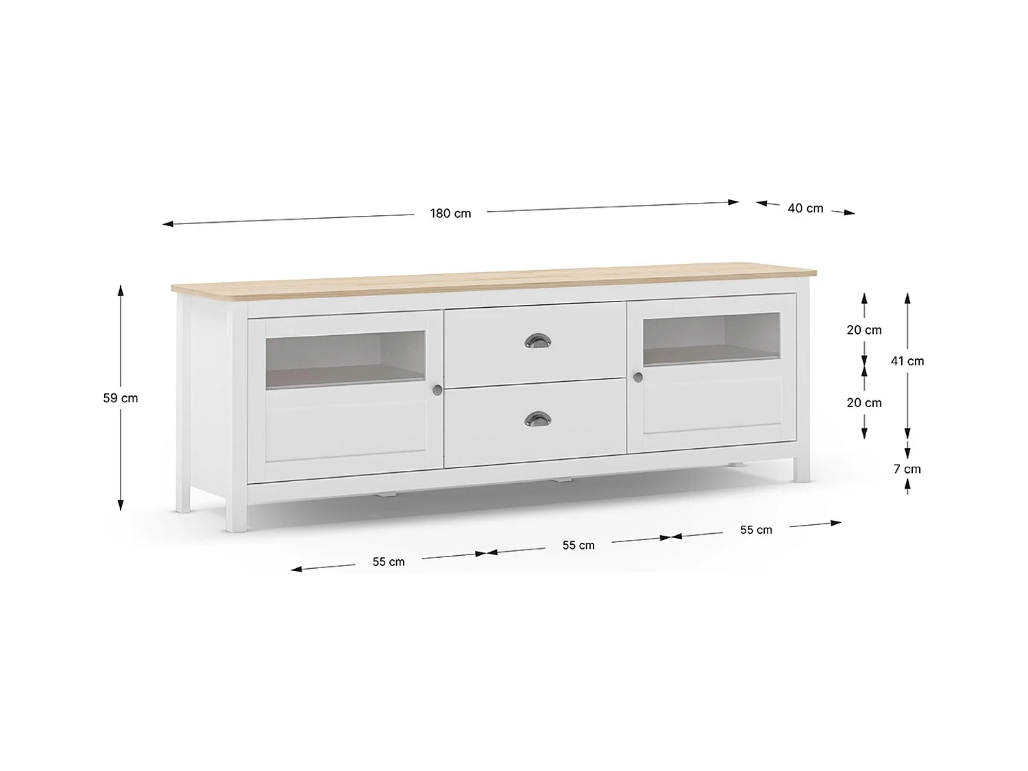 Buffet, commode de rangement avec 2 tiroirs et 2 portes en pin coloris blanc, chêne - Longueur 180 x Profondeur 40 x Hauteur 59,30 cm