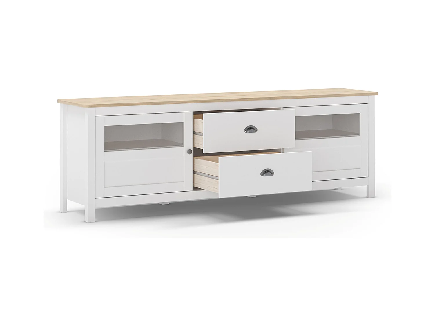 Buffet, commode de rangement avec 2 tiroirs et 2 portes en pin coloris blanc, chêne - Longueur 180 x Profondeur 40 x Hauteur 59,30 cm
