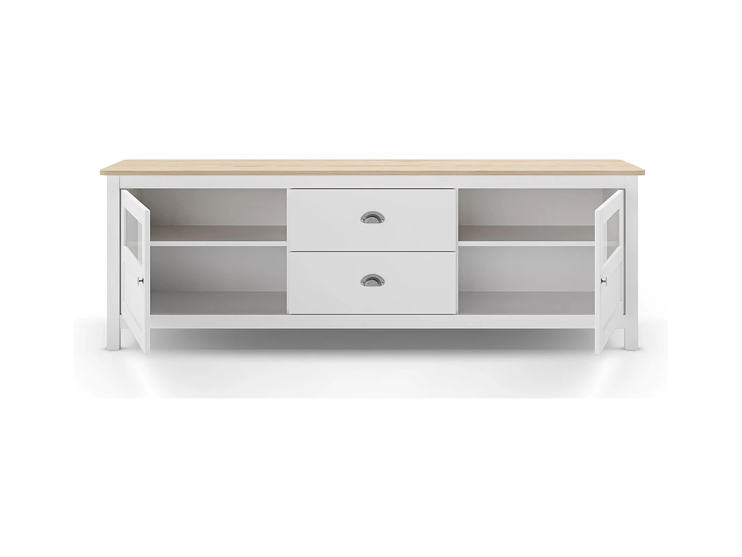 Buffet, commode de rangement avec 2 tiroirs et 2 portes en pin coloris blanc, chêne - Longueur 180 x Profondeur 40 x Hauteur 59,30 cm
