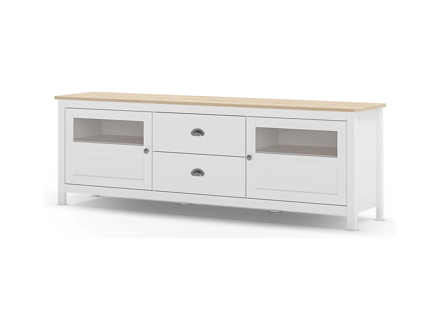 Buffet, commode de rangement avec 2 tiroirs et 2 portes en pin coloris blanc, chêne - Longueur 180 x Profondeur 40 x Hauteur 59,30 cm