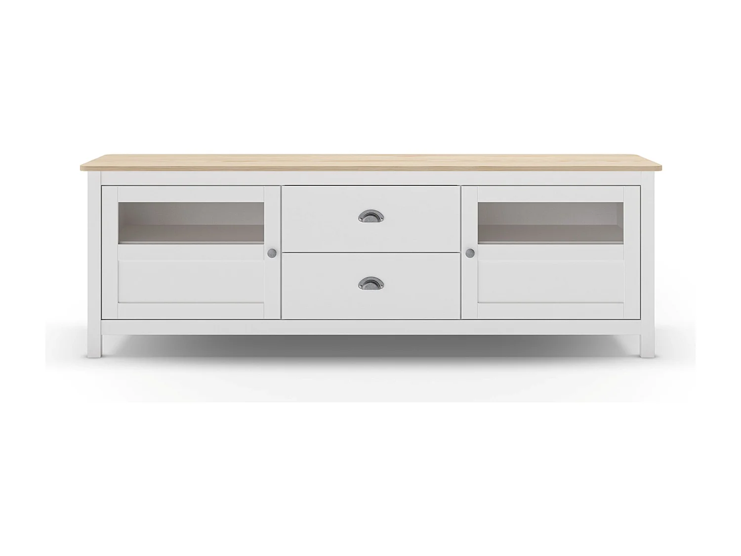 Buffet, commode de rangement avec 2 tiroirs et 2 portes en pin coloris blanc, chêne - Longueur 180 x Profondeur 40 x Hauteur 59,30 cm