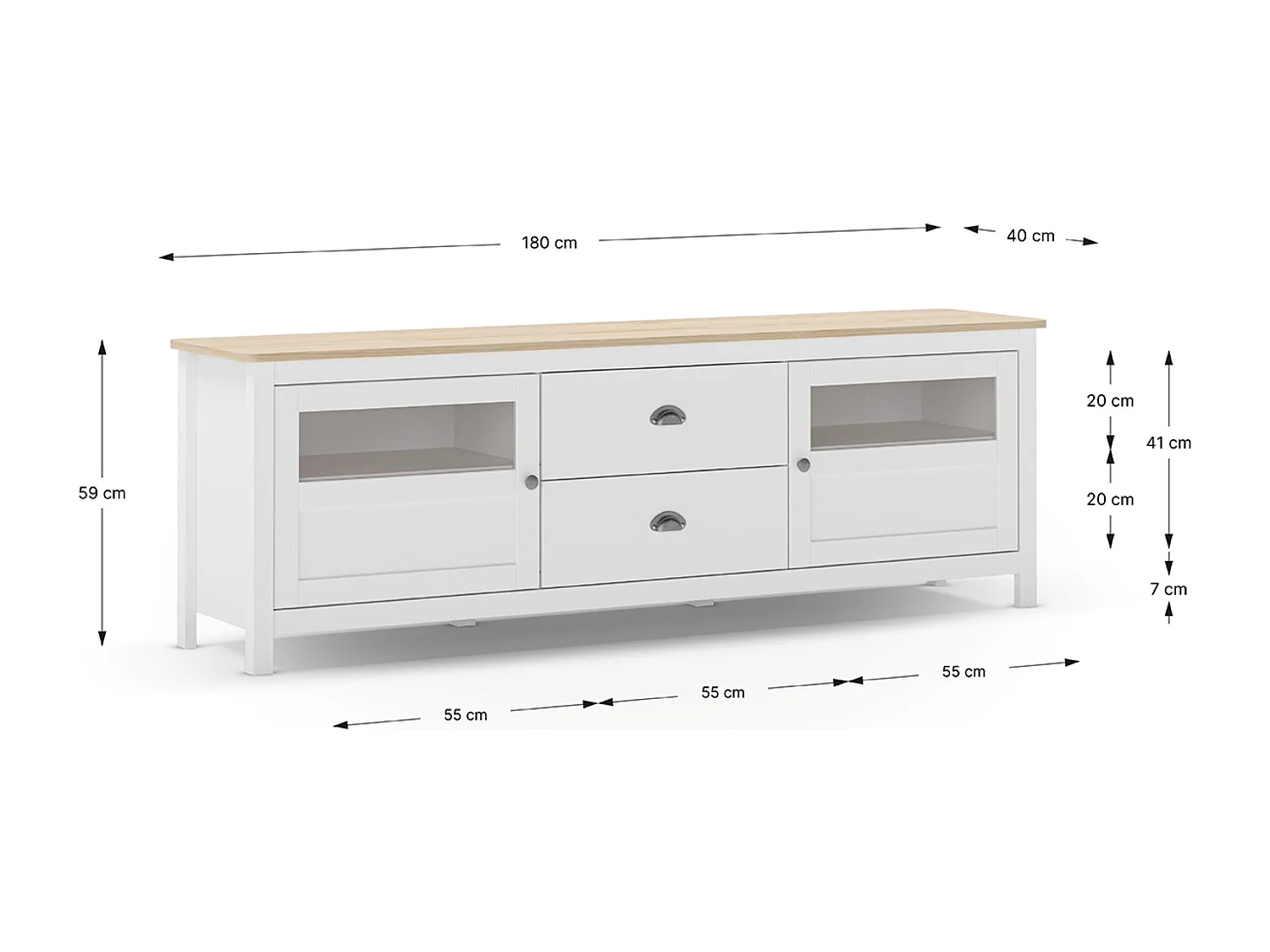 Buffet, commode de rangement avec 2 tiroirs et 2 portes en pin coloris blanc, chêne - Longueur 180 x Profondeur 40 x Hauteur 59,30 cm