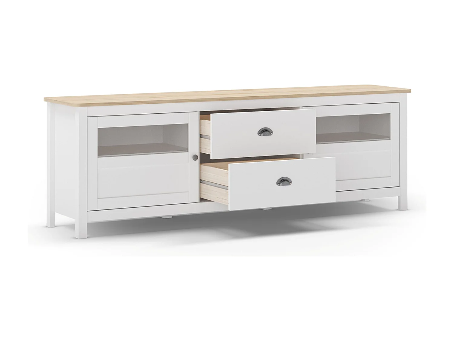 Buffet, commode de rangement avec 2 tiroirs et 2 portes en pin coloris blanc, chêne - Longueur 180 x Profondeur 40 x Hauteur 59,30 cm
