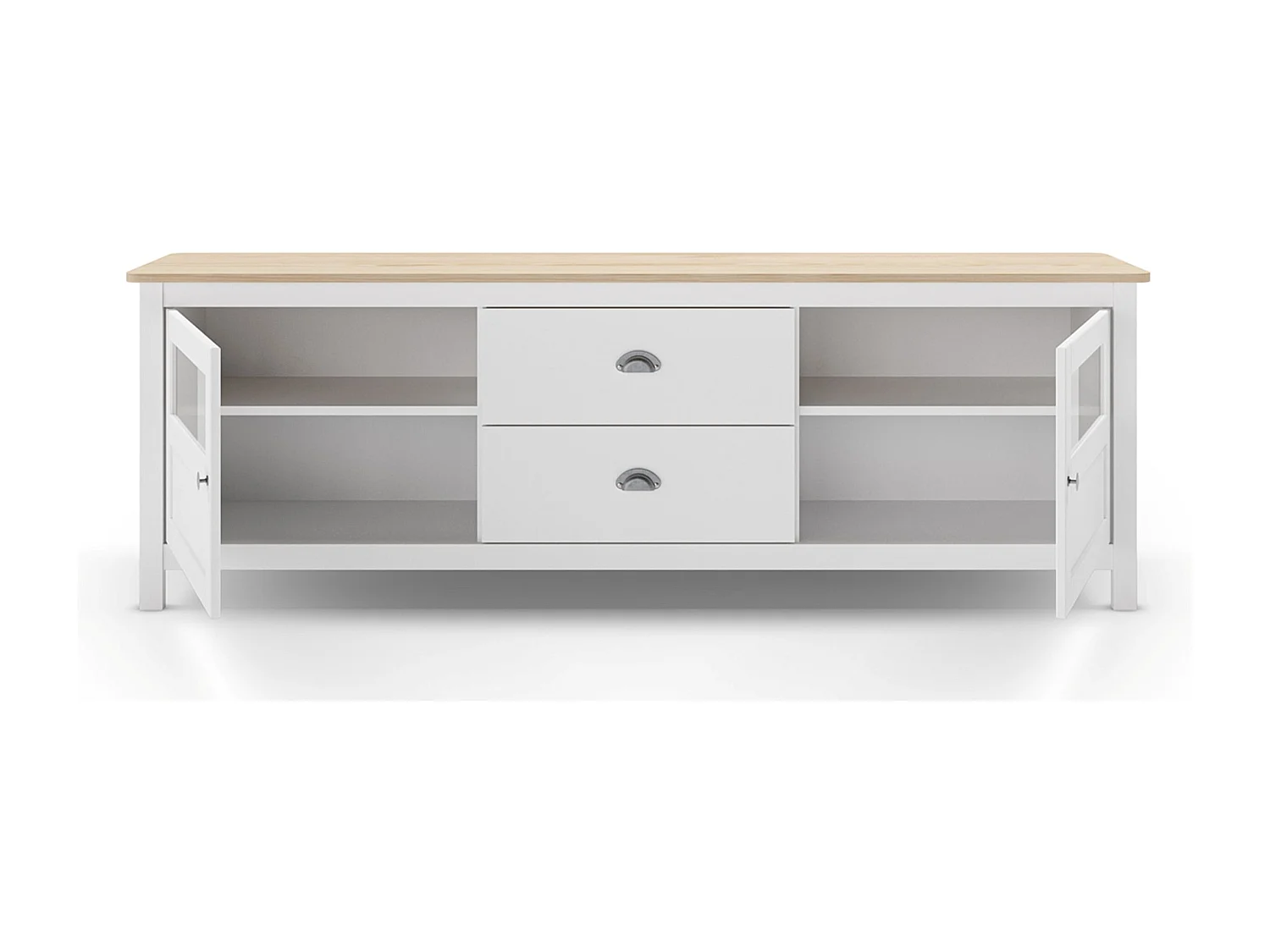 Buffet, commode de rangement avec 2 tiroirs et 2 portes en pin coloris blanc, chêne - Longueur 180 x Profondeur 40 x Hauteur 59,30 cm