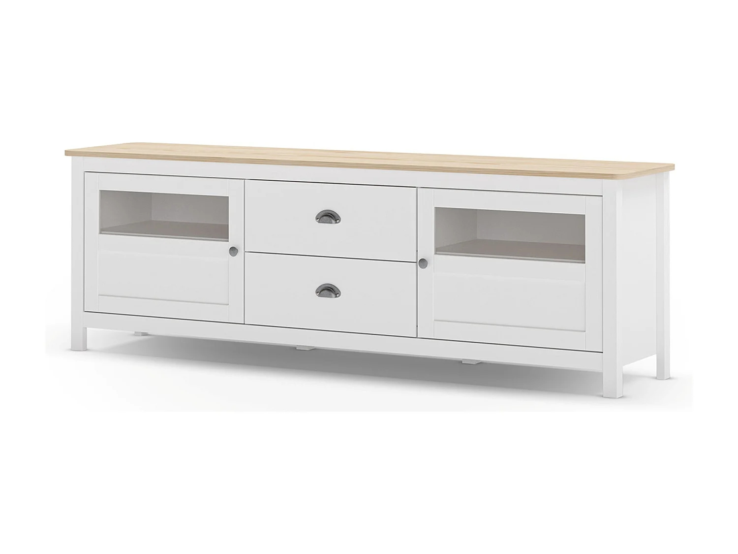 Buffet, commode de rangement avec 2 tiroirs et 2 portes en pin coloris blanc, chêne - Longueur 180 x Profondeur 40 x Hauteur 59,30 cm