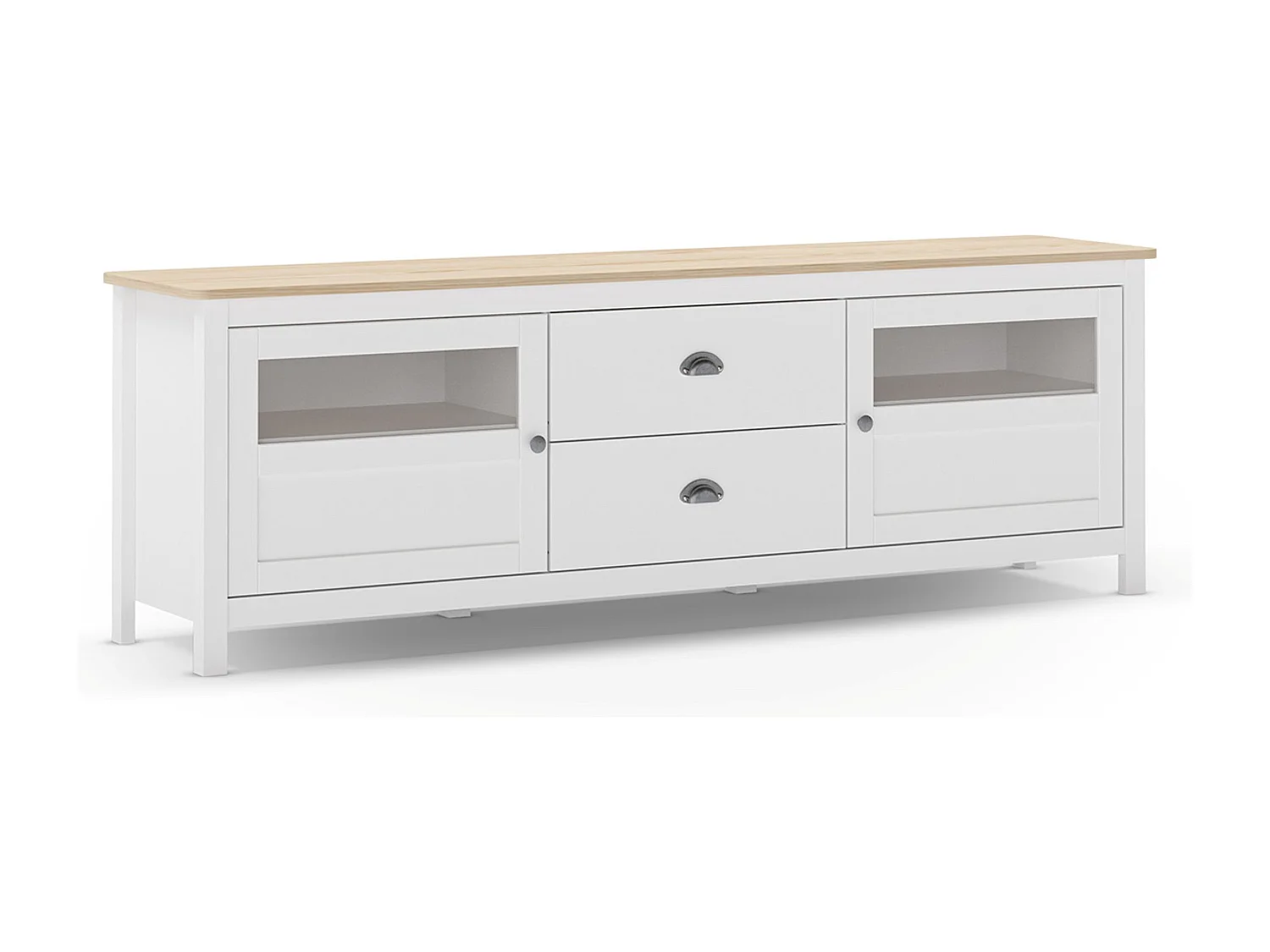 Buffet, commode de rangement avec 2 tiroirs et 2 portes en pin coloris blanc, chêne - Longueur 180 x Profondeur 40 x Hauteur 59,30 cm