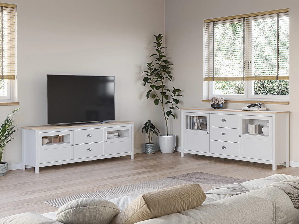 Buffet, commode de rangement avec 2 tiroirs et 2 portes en pin coloris blanc, chêne - Longueur 180 x Profondeur 40 x Hauteur 59,30 cm