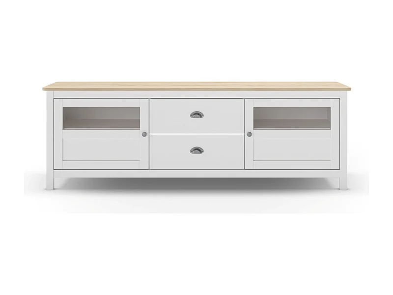 Buffet, commode de rangement avec 2 tiroirs et 2 portes en pin coloris blanc, chêne - Longueur 180 x Profondeur 40 x Hauteur 59,30 cm