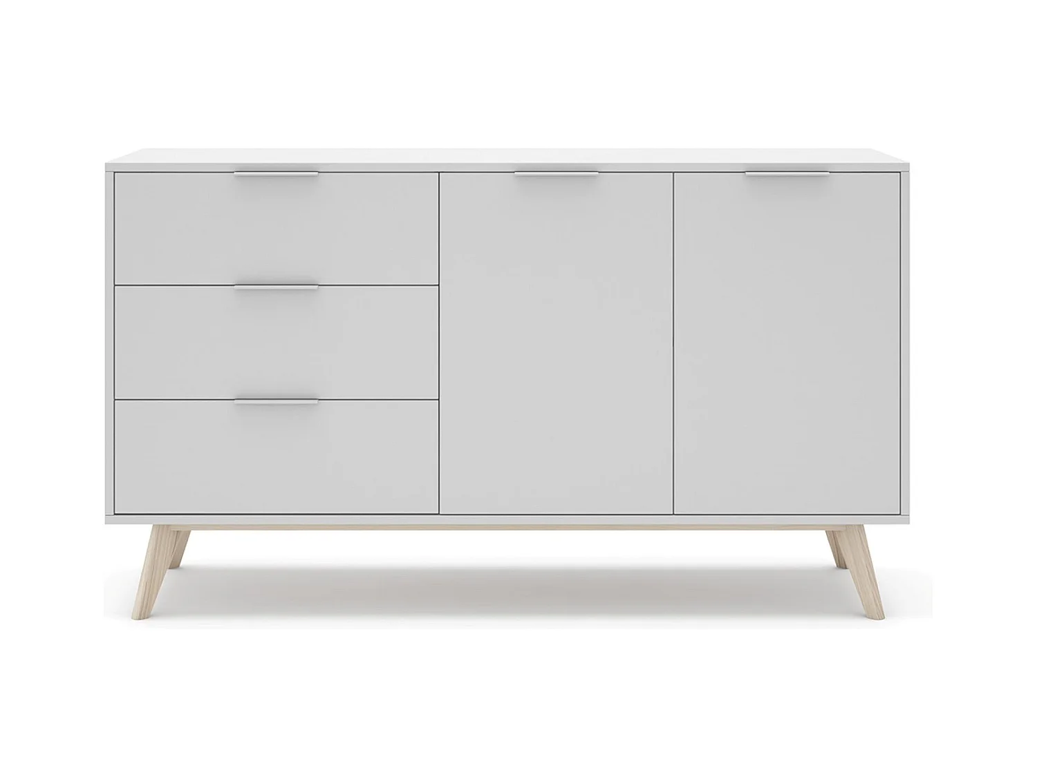 Buffet, meuble de rangement avec 2 portes et 3 tiroirs aspect bois et bois de pin coloris blanc, pieds en pin - Longueur 140 x Profondeur 40 x Hauteur 81 cm