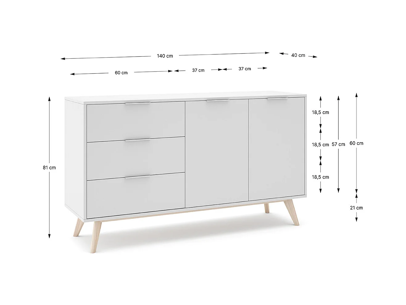 Buffet, meuble de rangement avec 2 portes et 3 tiroirs aspect bois et bois de pin coloris blanc, pieds en pin - Longueur 140 x Profondeur 40 x Hauteur 81 cm