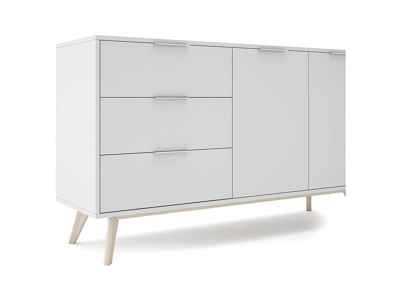Buffet, meuble de rangement avec 2 portes et 3 tiroirs aspect bois et bois de pin coloris blanc, pieds en pin - Longueur 140 x Profondeur 40 x Hauteur 81 cm
