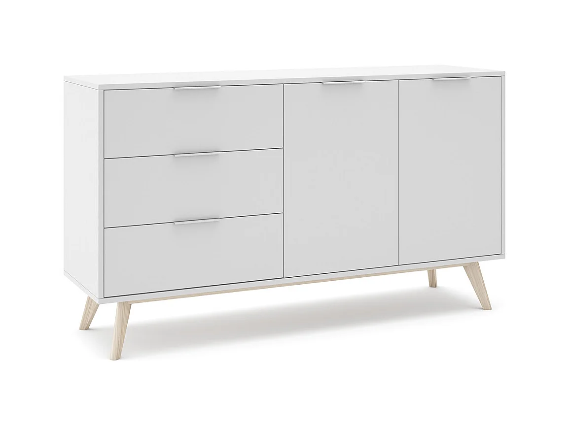 Buffet, meuble de rangement avec 2 portes et 3 tiroirs aspect bois et bois de pin coloris blanc, pieds en pin - Longueur 140 x Profondeur 40 x Hauteur 81 cm