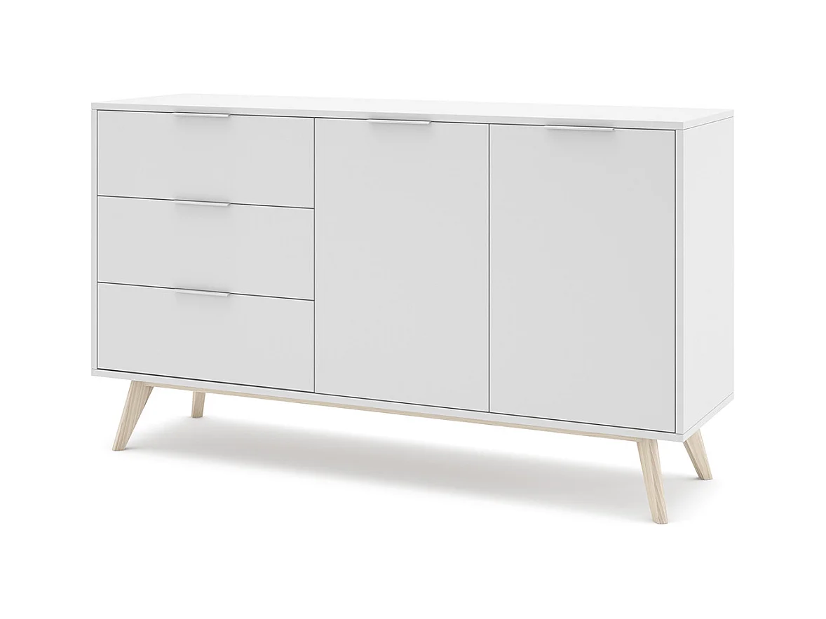 Buffet, meuble de rangement avec 2 portes et 3 tiroirs aspect bois et bois de pin coloris blanc, pieds en pin - Longueur 140 x Profondeur 40 x Hauteur 81 cm