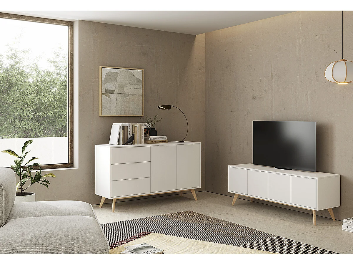 Buffet, meuble de rangement avec 2 portes et 3 tiroirs aspect bois et bois de pin coloris blanc, pieds en pin - Longueur 140 x Profondeur 40 x Hauteur 81 cm