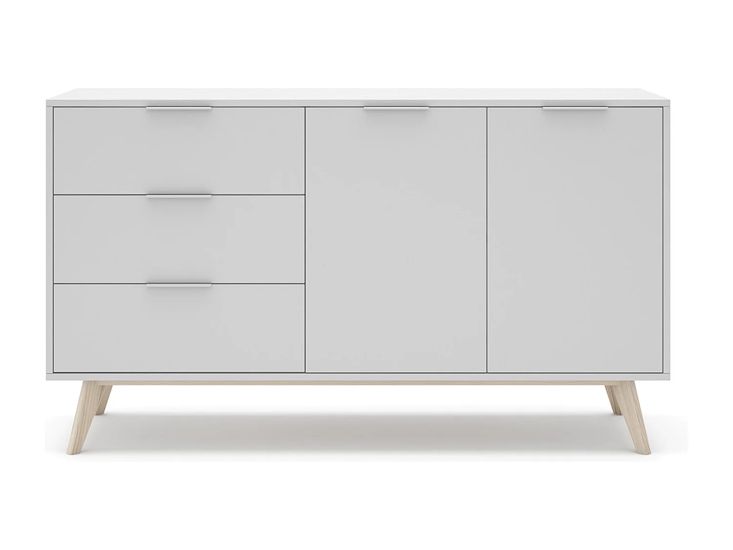 Buffet, meuble de rangement avec 2 portes et 3 tiroirs aspect bois et bois de pin coloris blanc, pieds en pin - Longueur 140 x Profondeur 40 x Hauteur 81 cm