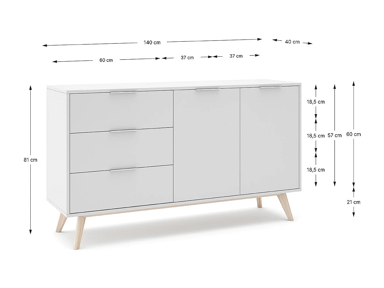 Buffet, meuble de rangement avec 2 portes et 3 tiroirs aspect bois et bois de pin coloris blanc, pieds en pin - Longueur 140 x Profondeur 40 x Hauteur 81 cm