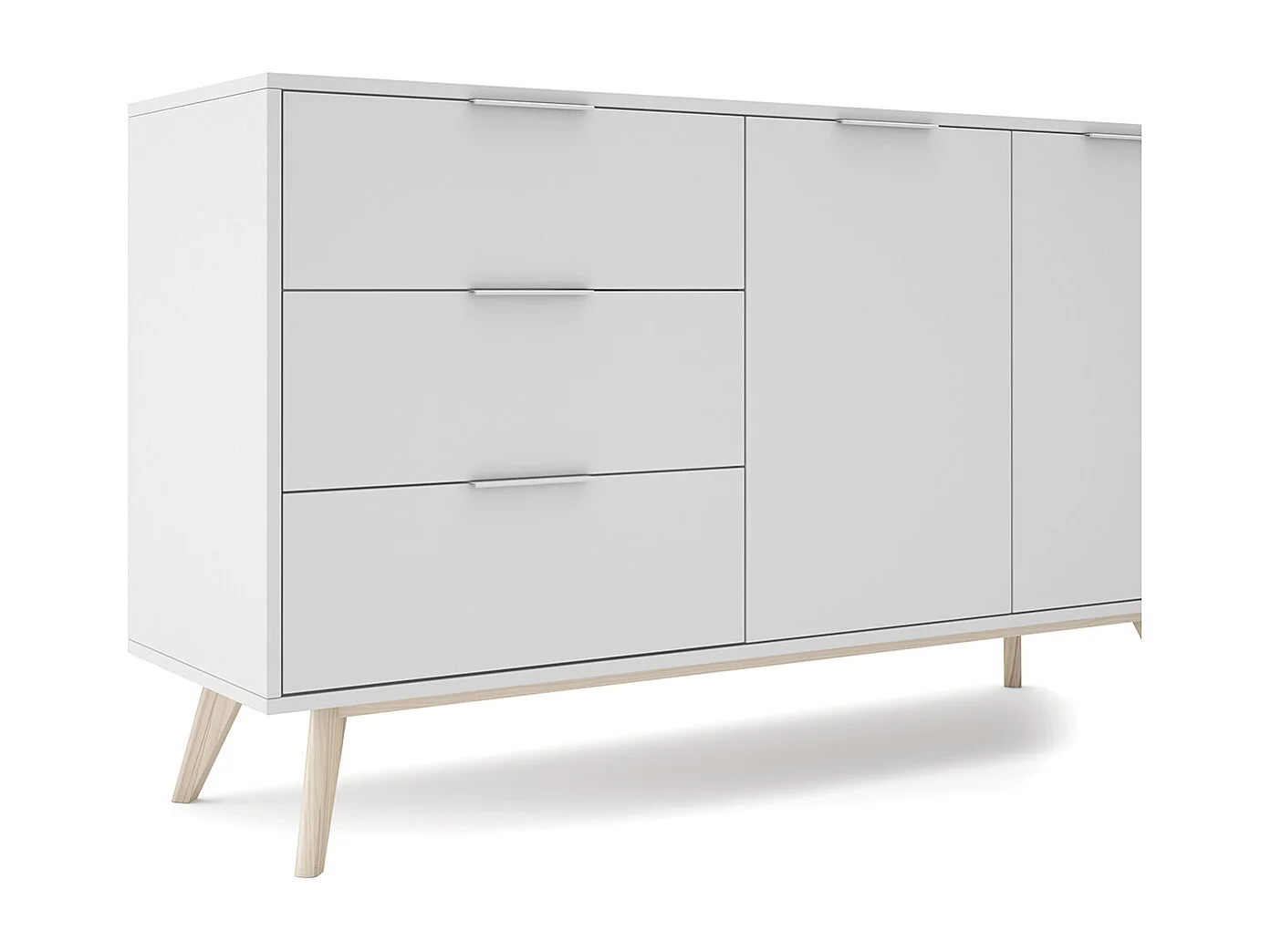 Buffet, meuble de rangement avec 2 portes et 3 tiroirs aspect bois et bois de pin coloris blanc, pieds en pin - Longueur 140 x Profondeur 40 x Hauteur 81 cm
