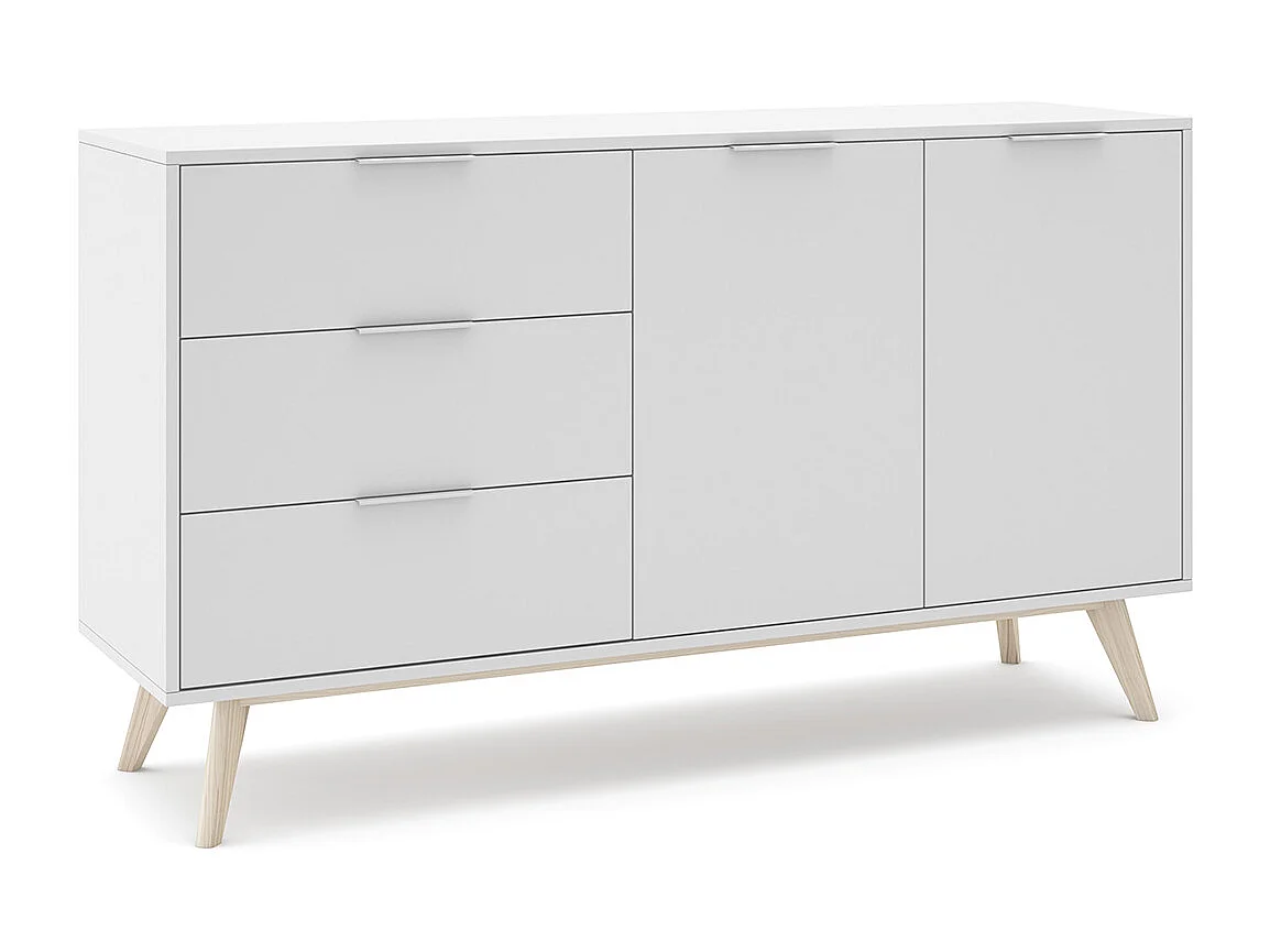 Buffet, meuble de rangement avec 2 portes et 3 tiroirs aspect bois et bois de pin coloris blanc, pieds en pin - Longueur 140 x Profondeur 40 x Hauteur 81 cm