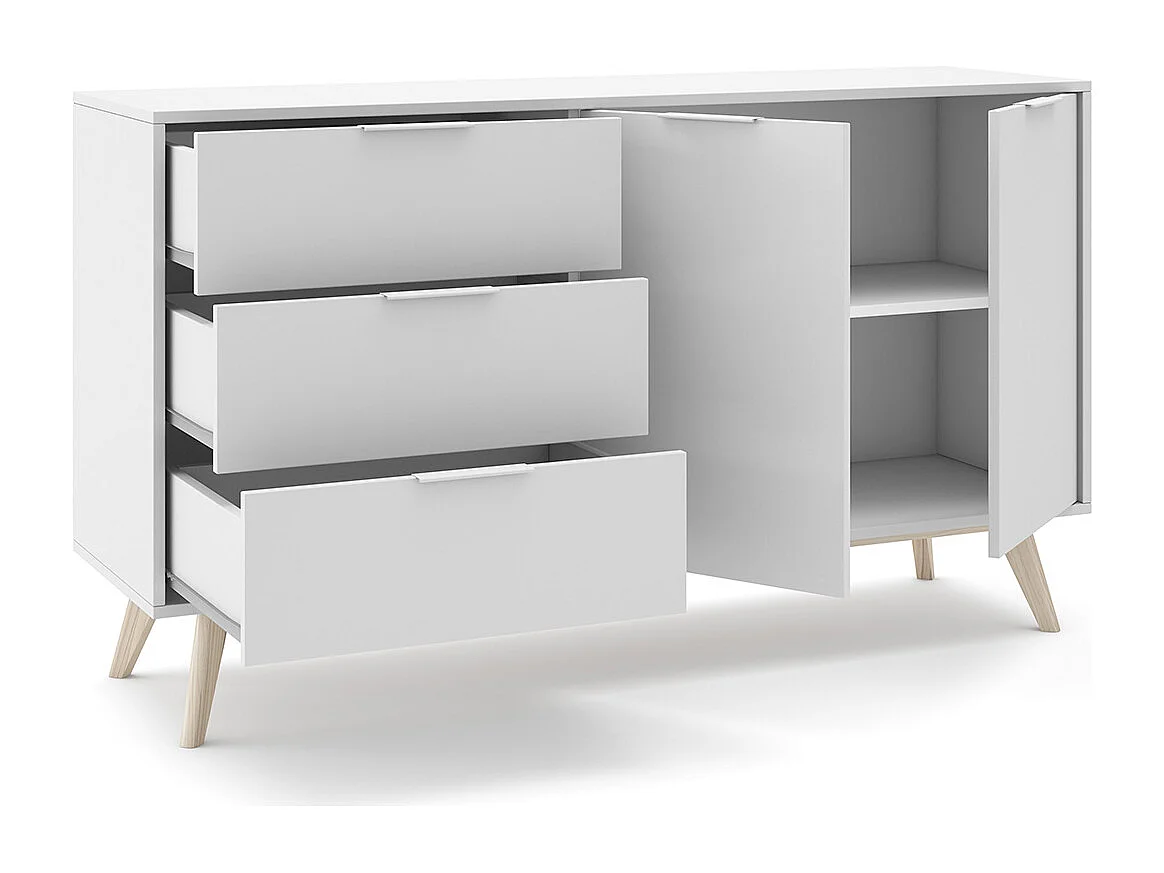 Buffet, meuble de rangement avec 2 portes et 3 tiroirs aspect bois et bois de pin coloris blanc, pieds en pin - Longueur 140 x Profondeur 40 x Hauteur 81 cm